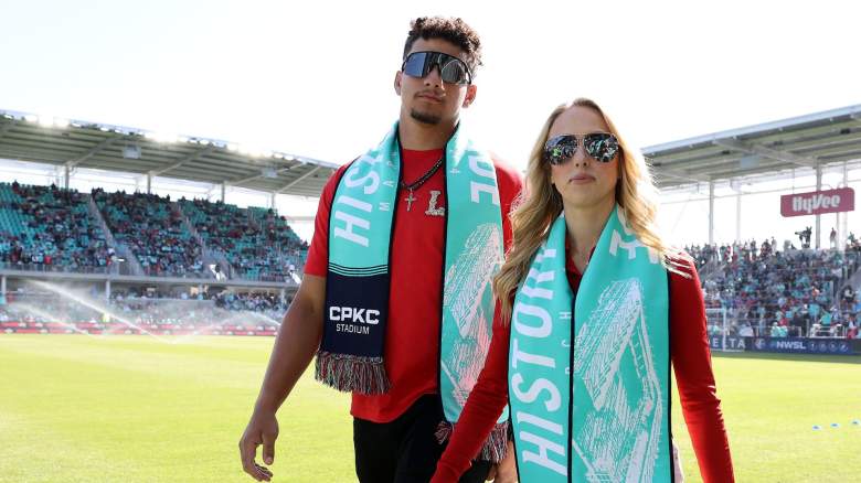 Co-owners Brittany and Patrick Mahomes walk on the field prior to the match between the Portland Thorns FC and the Kansas City Current at CPKC Stadium, the first stadium purpose-bult for women's soccer, on March 16, 2024 in Kansas City, Missouri