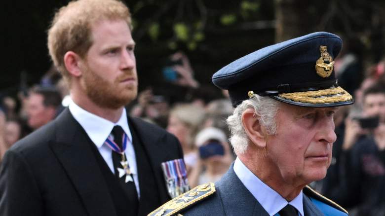 Britain's King Charles III and Britain's Prince Harry, Duke of Sussex walk behind the coffin of Queen Elizabeth II,