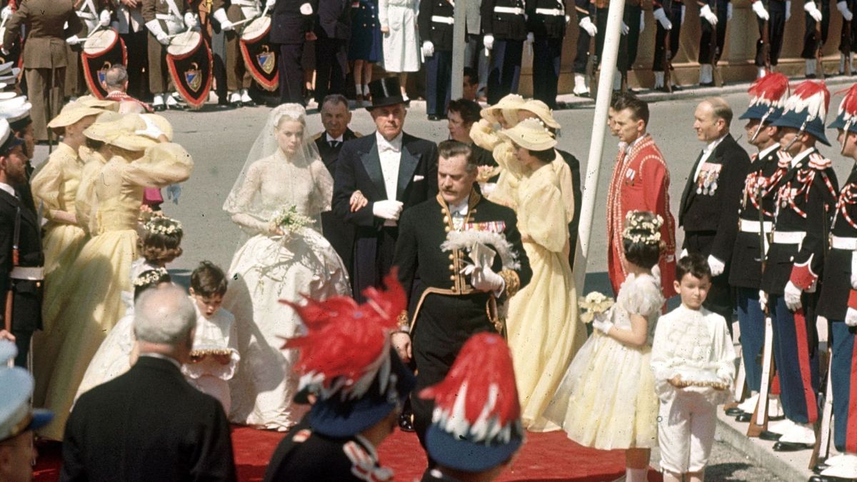 Grace Kelly (1929 - 1982) arrives at Monaco Cathedral for her wedding to Prince Rainier III of Monaco