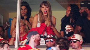 Taylor Swift reacts during the first half of a game between the Chicago Bears and the Kansas City Chiefs