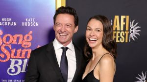 Hugh Jackman and Sutton Foster attend closing night gala premiere of "Song Sung Blue" during 2025 AFI FEST at TCL Chinese 6 Theatres on October 26, 2025 in Hollywood, California