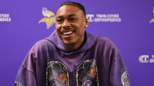 Justin Jefferson #18 of the Minnesota Vikings addresses the media in a press conference announcing a $140 million, four year contract extension at Twin Cities Orthopedics Performance Center during Minnesota Vikings mandatory minicamp on June 04, 2024 in Eagan, Minnesota
