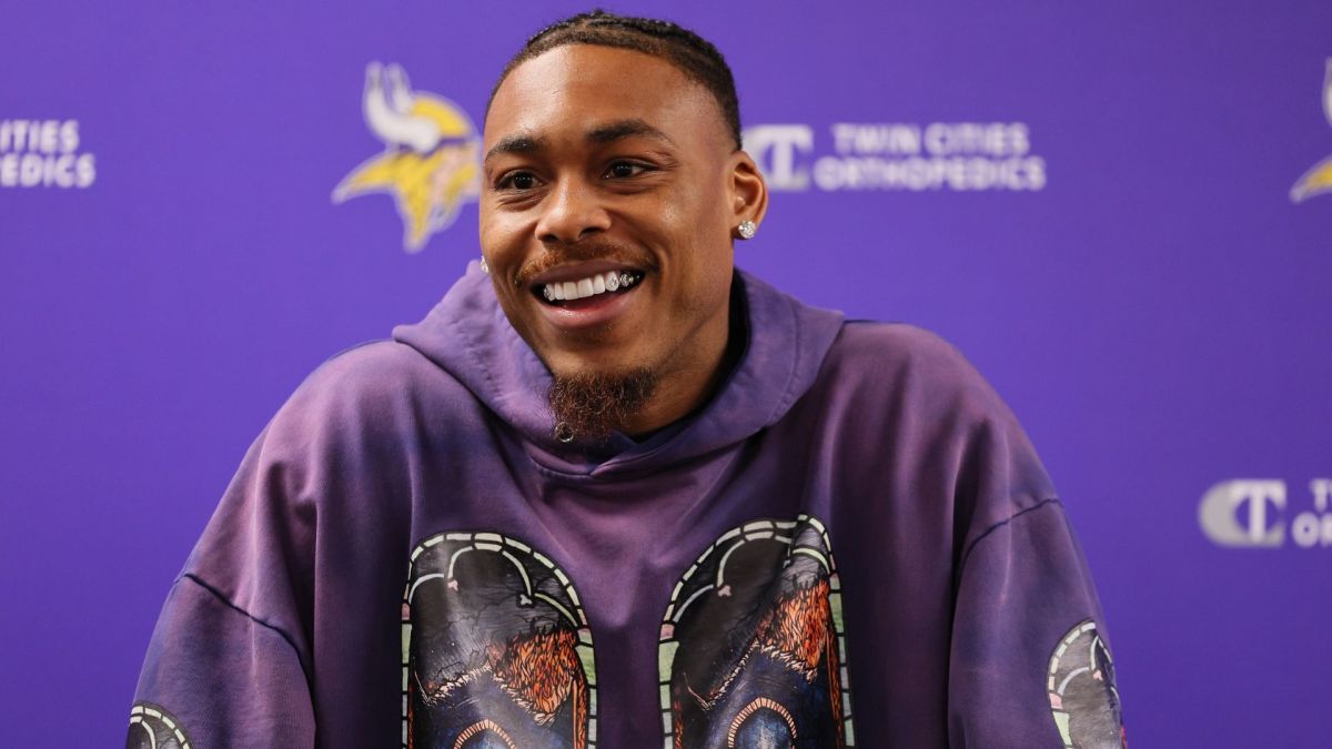 Justin Jefferson #18 of the Minnesota Vikings addresses the media in a press conference announcing a $140 million, four year contract extension at Twin Cities Orthopedics Performance Center during Minnesota Vikings mandatory minicamp on June 04, 2024 in Eagan, Minnesota
