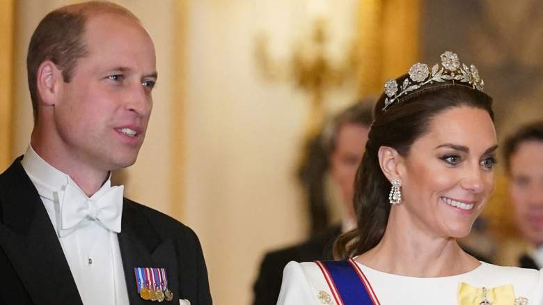 Britain's Prince William, Prince of Wales (L) and Britain's Catherine, Princess of Wales arrive for a a State Banquet at Buckingham Palace in central London on November 21, 2023