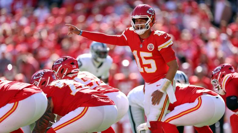 Quarterback Patrick Mahomes #15 of the Kansas City Chiefs in action during the game between Las Vegas Raiders and Kansas City Chiefs at Arrowhead Stadium on October 19, 2025