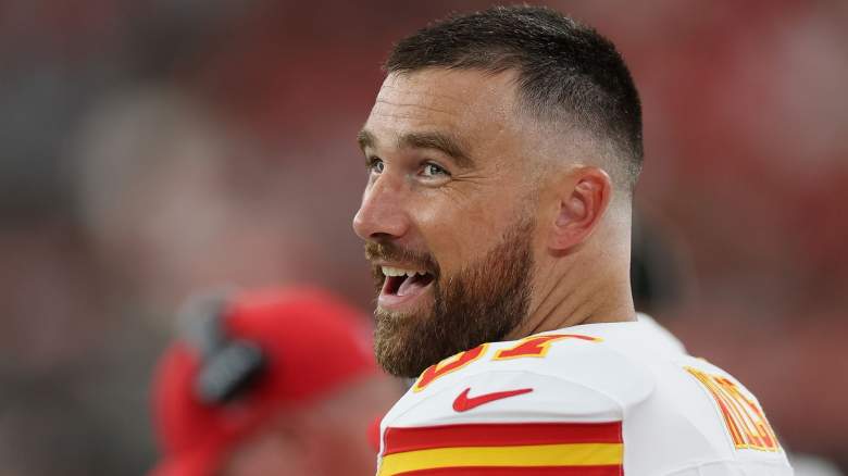 Tight end Travis Kelce #87 of the Kansas City Chiefs reacts on the sidelines during the first quarter of the NFL Preseason 2025 game against the Arizona Cardinals at State Farm Stadium on August 09, 2025 in Glendale, Arizona