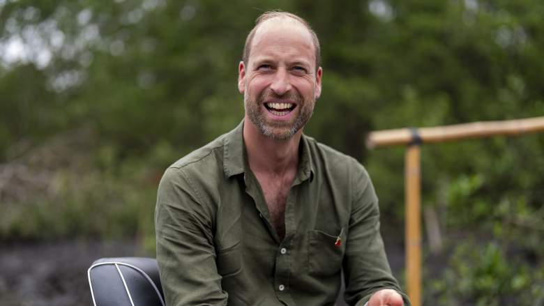 Prince William, Prince of Wales smiles as he rides in a boat during a tour of the Guapimirim mangrove area in Guanabara Bay