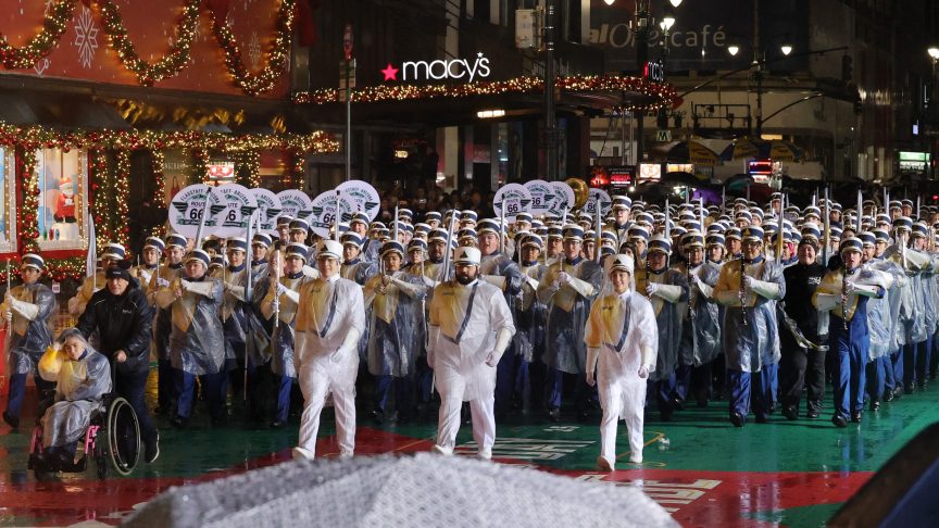 Northern Arizona University Lumberjack Marching Band perform during the 2025 Macy's Thanksgiving Day Parade rehearsals on November 25, 2025 in New York City.