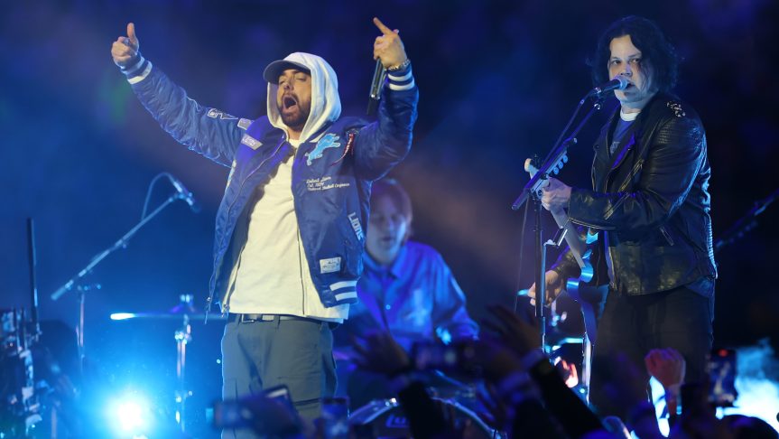 Jack White and Eminem perform during the halftime show of the game between the Green Bay Packers and the Detroit Lions at Ford Field