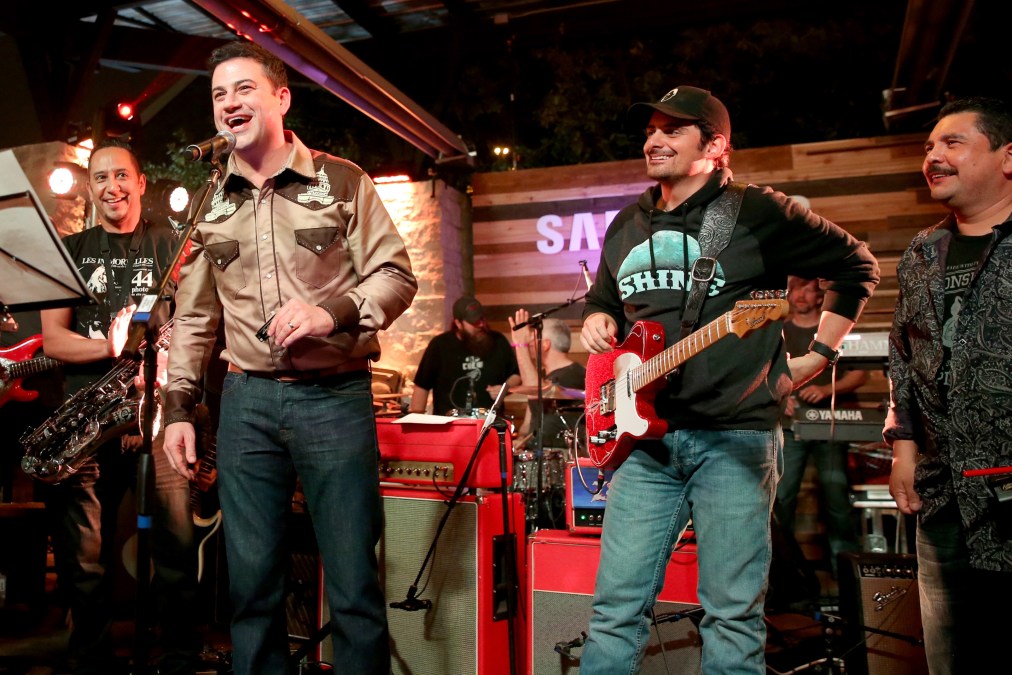 Musician Cleto Escobedo, Jr., host Jimmy Kimmel, musician Brad Paisley, and tv personality Guillermo Rodriguez 
