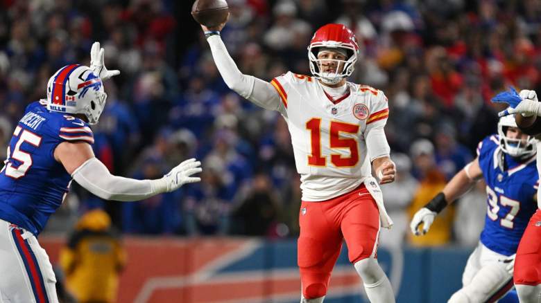 Patrick Mahomes #15 of the Kansas City Chiefs throws during the third quarter in the game against the Buffalo Bills at Highmark Stadium on November 02, 2025