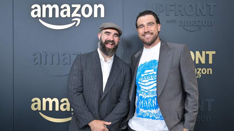 Jason Kelce and Travis Kelce attend Amazon's Upfront 2025 Presentation at Beacon Theatre on May 12, 2025 in New York City