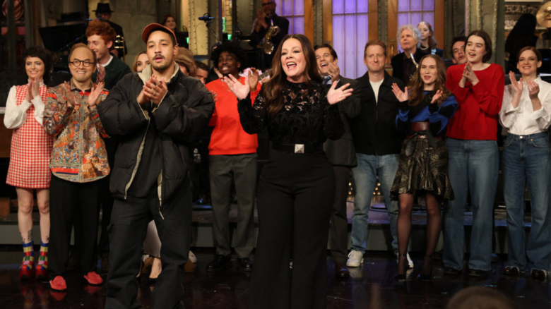 Musical guest Dijon and host Melissa McCarthy during Goodnights & Credits