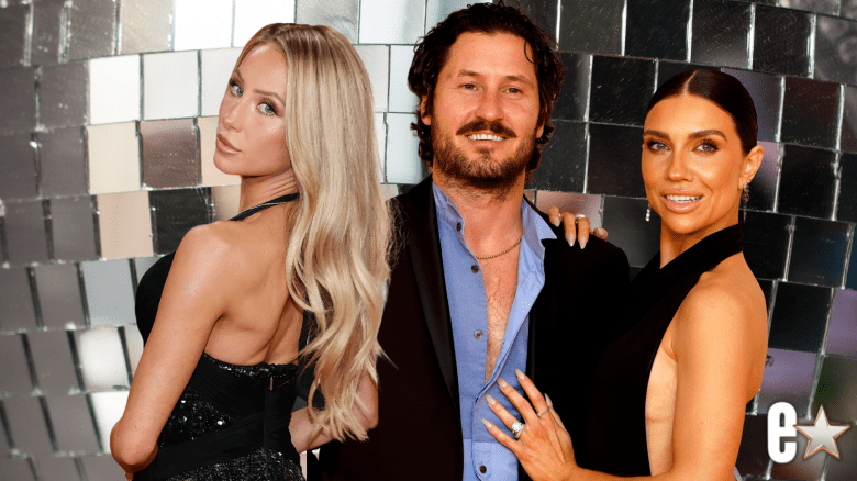 Alix Earle, Val Chmerkovskiy and Jenna Johnson smiling