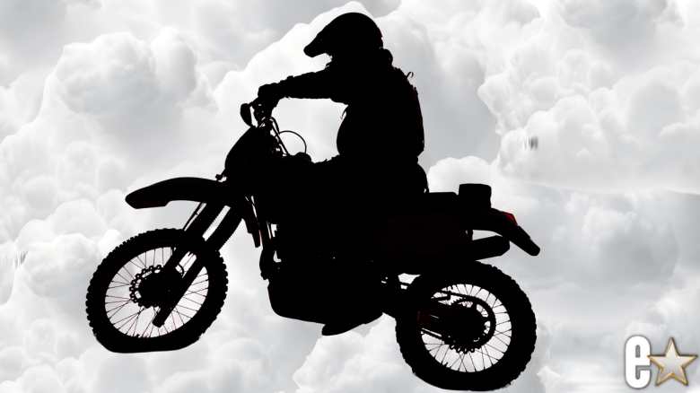 Motorcycle and rider in the clouds