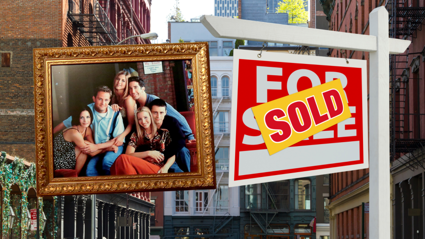 Friends cast and a sold sign