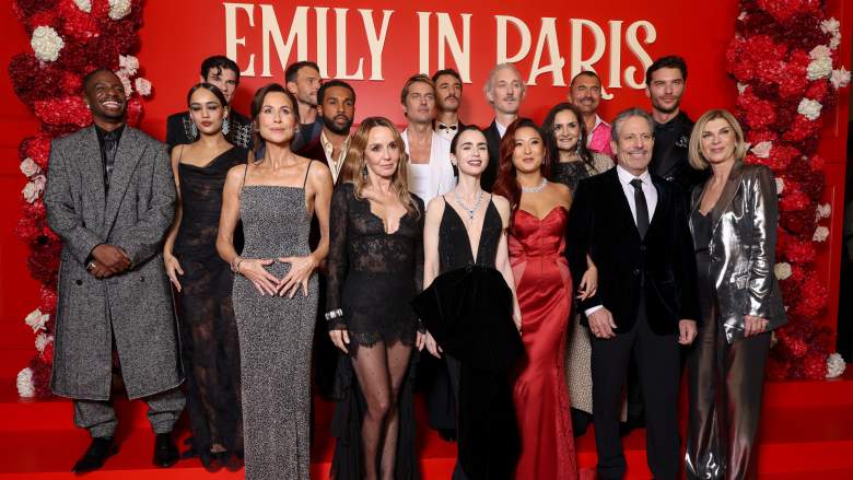 (L-R) Samuel Arnold, Thalia Besson, Paul Forman, Minnie Driver, Arnaud Binard, Lucien Laviscount, Philippine Leroy-Beaulieu, Lucas Bravo, Eugenio Franceschini, Lily Collins, Bruno Gouery, Ashley Park, guest, William Abadie, Darren Star, guest and Michèle Laroque attend the "Emily In Paris" - Season Five - Netflix Paris Premiere