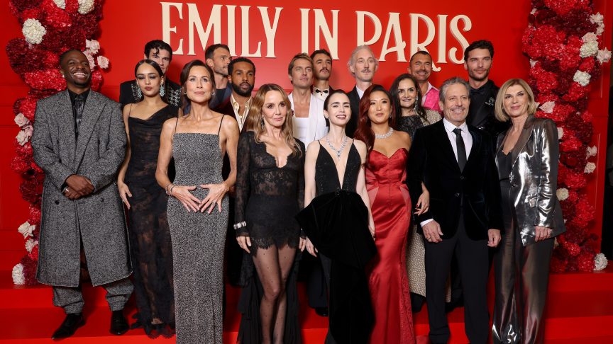 (L-R) Samuel Arnold, Thalia Besson, Paul Forman, Minnie Driver, Arnaud Binard, Lucien Laviscount, Philippine Leroy-Beaulieu, Lucas Bravo, Eugenio Franceschini, Lily Collins, Bruno Gouery, Ashley Park, guest, William Abadie, Darren Star, guest and Michèle Laroque attend the "Emily In Paris" - Season Five - Netflix Paris Premiere