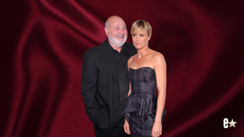 Rob Reiner smiling in black, Robin Wright in strapless plaid dress