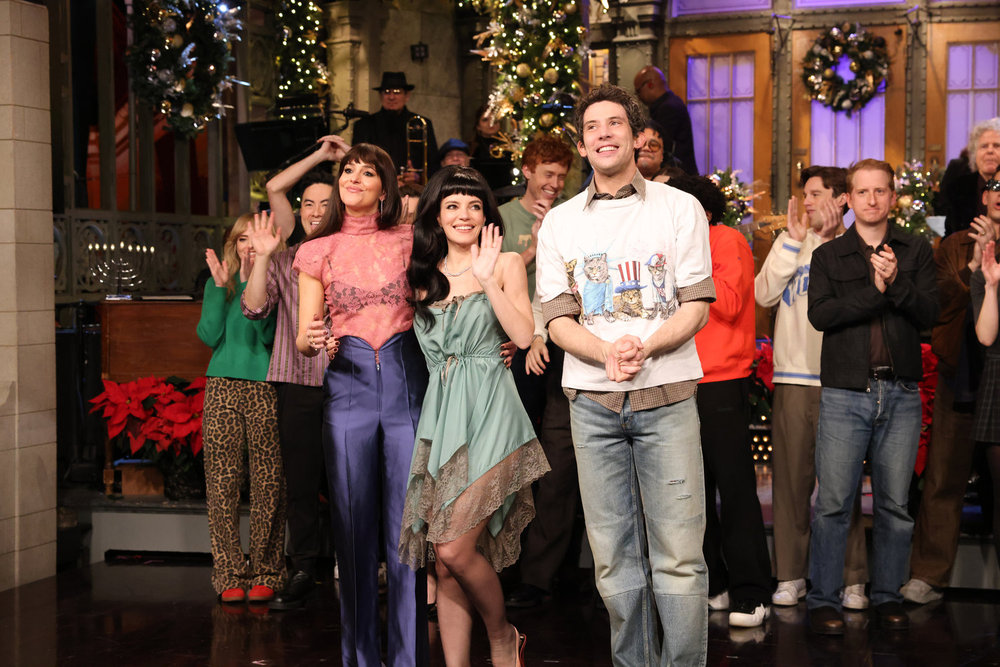 Dakota Johnson, Lily Allen, and Josh O'Connor during Goodnights & Credits on "SNL"