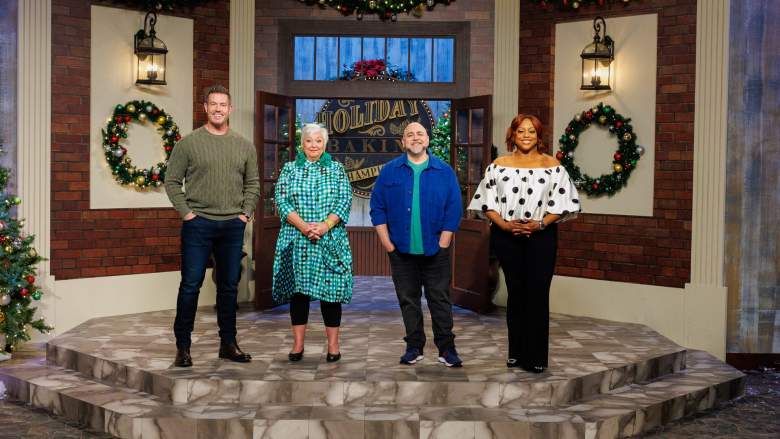Host Jesse Palmer, Judges Nancy Fuller, Duff Goldman and Kardea Brown, portrait, as seen on Holiday Baking Championship, Season 12.