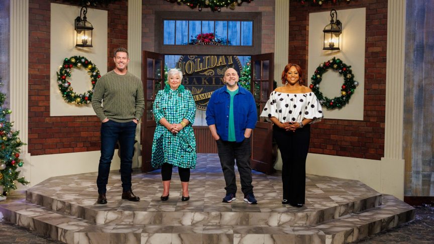 Host Jesse Palmer, Judges Nancy Fuller, Duff Goldman and Kardea Brown, portrait, as seen on Holiday Baking Championship, Season 12.