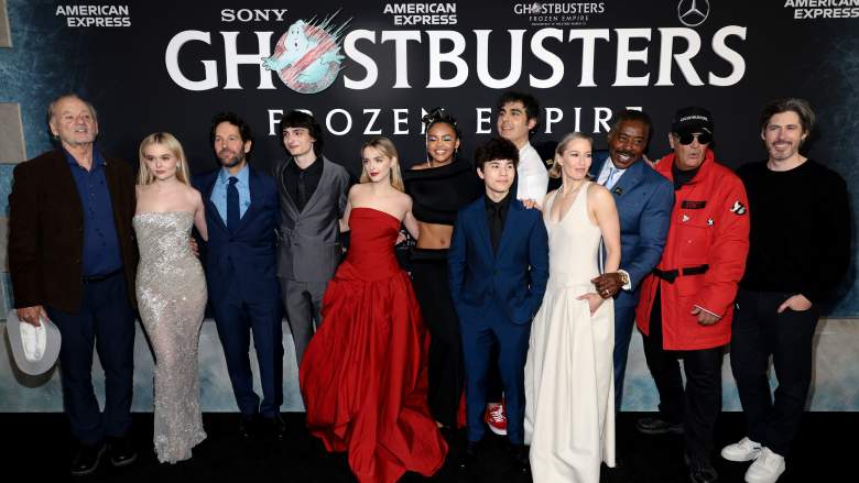 (L-R) Bill Murray, Emily Alyn Lind, Paul Rudd, Finn Wolfhard, Mckenna Grace, Celeste O'Connor, Logan Kim, Gil Kenan, Carrie Coon, Ernie Hudson, Dan Aykroyd and Jason Reitman attend the premiere of "Ghostbusters: Frozen Empire"