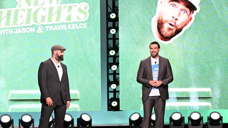 (L-R) Jason Kelce and Travis Kelce onstage during Amazon's Upfront 2025 Presentation