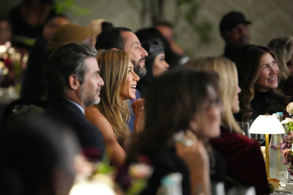 Jim Curtis, Jennifer Aniston, wearing Ralph Lauren, Adam Sandler, and Jackie Sandler attend ELLE's 2025 Women in Hollywood Celebration