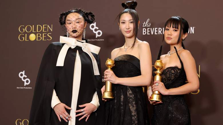(L-R) Audrey Nuna, EJAE and Rei Ami, winners of the Best Original Song - Motion Picture for "Golden" from "KPop Demon Hunters," pose in the press room during the 83rd Annual Golden Globe Awards