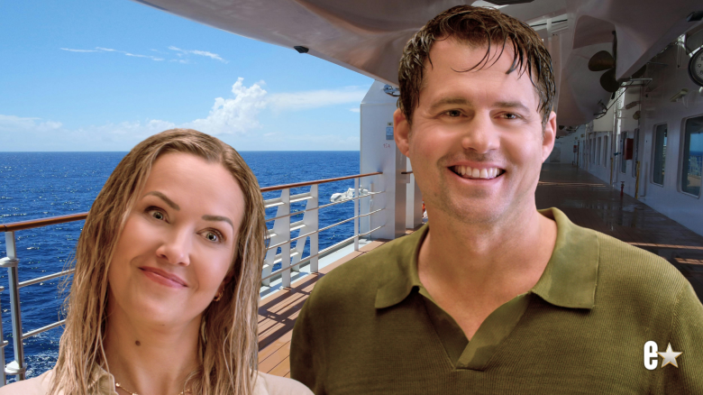 Kristoffer Polaha in green shirt and Emilie Ullerup in white shirt and wet hair