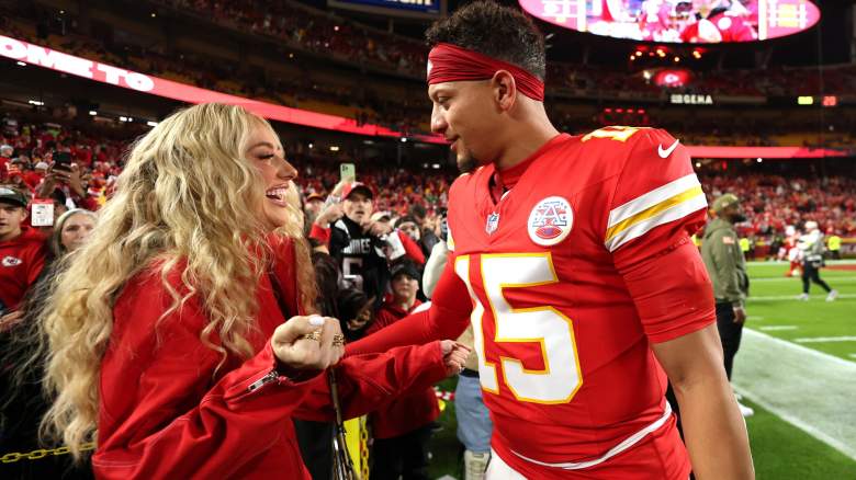 Patrick Mahomes and Brittany Mahomes on the football field