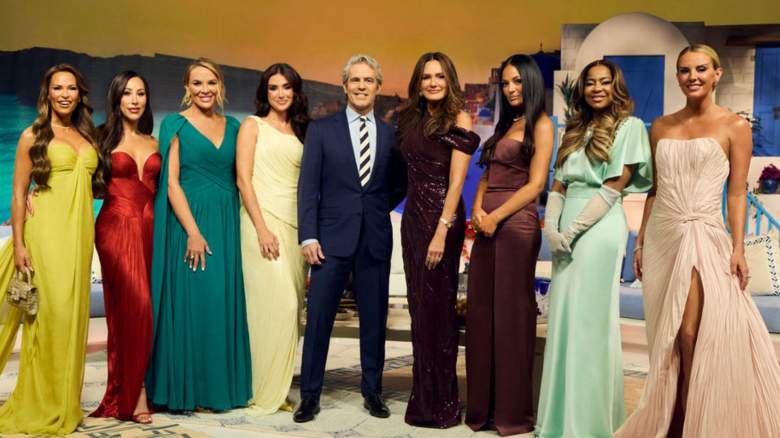 THE REAL HOUSEWIVES OF SALT LAKE CITY -- Season:6 -- Pictured: (l-r) Britani Bateman, Angie Katsanevas, Heather Gay, Bronwyn Newport, Andy Cohen, Meredith Marks, Lisa Barlow, Mary Cosby, Whitney Rose