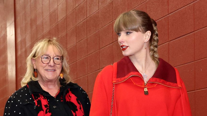 Taylor Swift walks into the stadium alongside Donna Kelce prior to the game between the Las Vegas Raiders and the Kansas City Chiefs at GEHA Field at Arrowhead Stadium on November 29, 2024 in Kansas City, Missouri