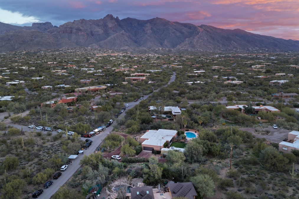 In an aerial view, the home of Nancy Guthrie is seen on February 20, 2026, in Tucson, Arizona. 