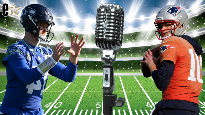 Sam Darnold #14 of the Seattle Seahawks, Quarterback Drake Maye #10 of the New England Patriots