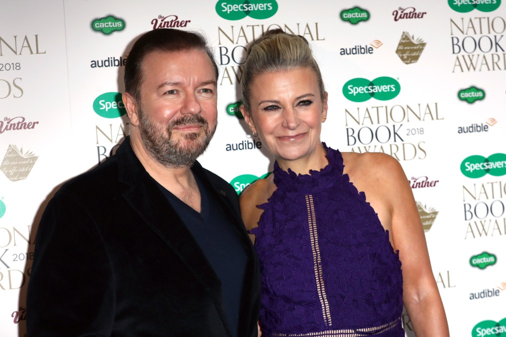 Jane Fallon, author of 'Faking Friends', and Ricky Gervais (L) attend the National Book Awards at RIBA on November 20, 2018 in London, England. 