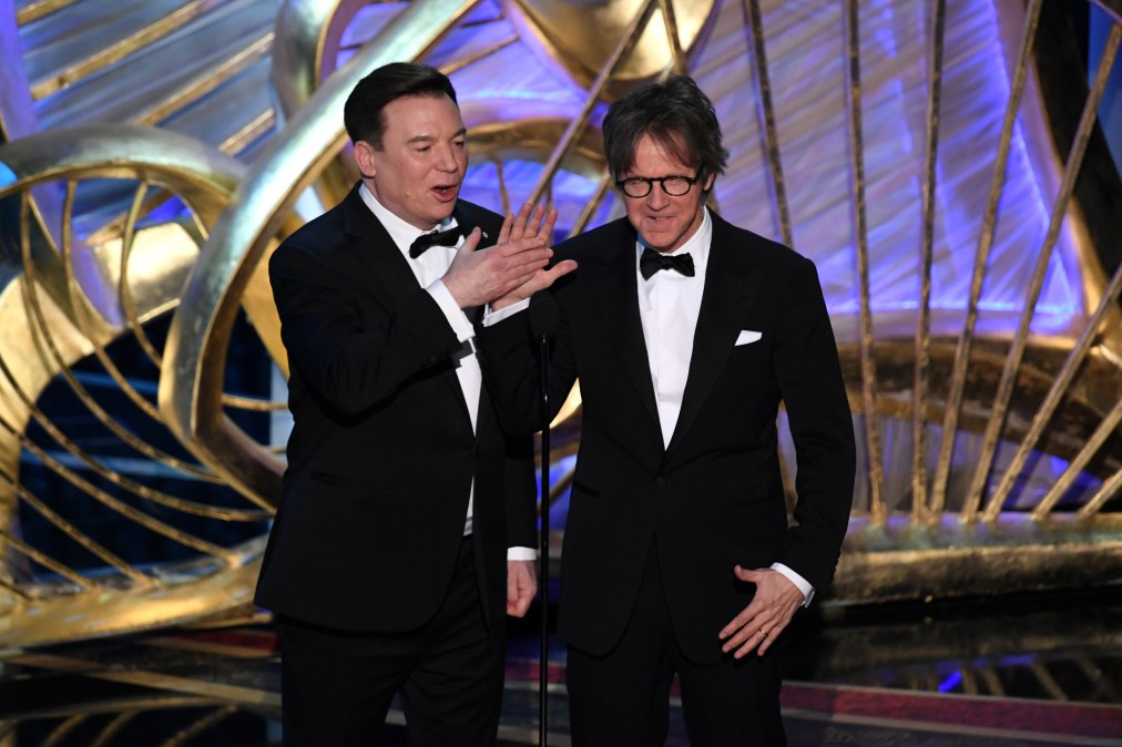 Mike Myers and Dana Carvey speak onstage during the 91st Annual Academy Awards.