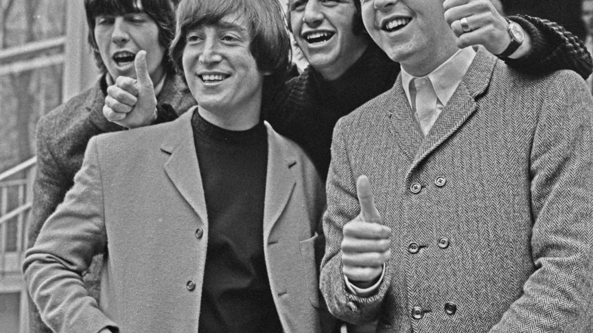 The Beatles pose outside Abbey Road Studios