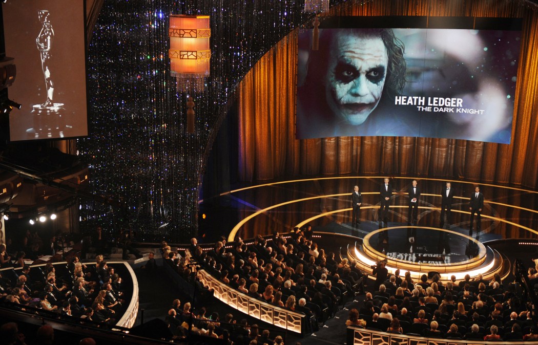 Heath Ledger appears on screen in his role as the Joker in "The Dark Knight", winning Best Supporting Actor at the 81st Academy Awards