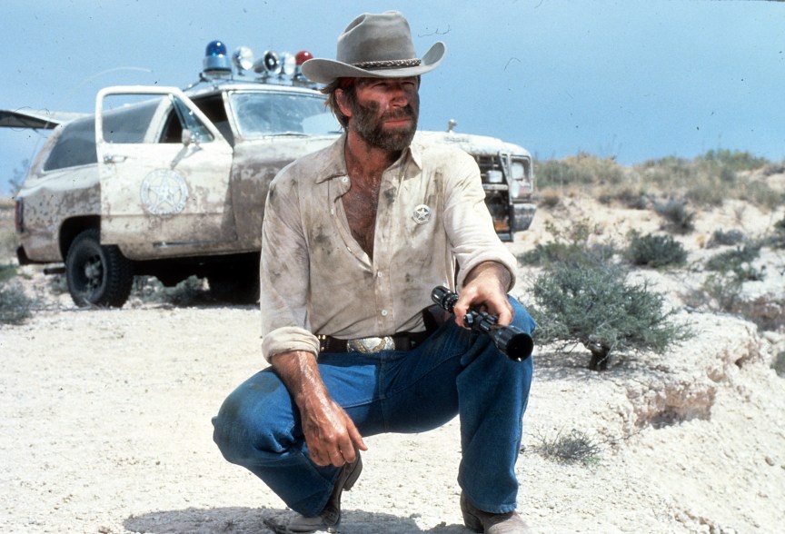 Chuck Norris a renegade Texas Ranger in a scene from the film 'Lone Wolf McQuade', 1983