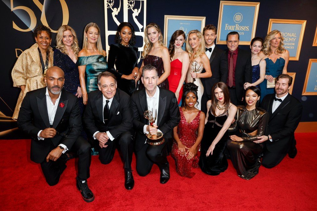 The cast of General Hospital pose with the award for "Outstanding Daytime Drama Series" during the 50th Daytime Emmy Awards.