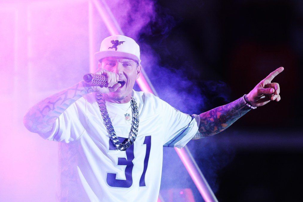 Vanilla Ice performs during halftime between the Chicago Bears and the Minnesota Vikings