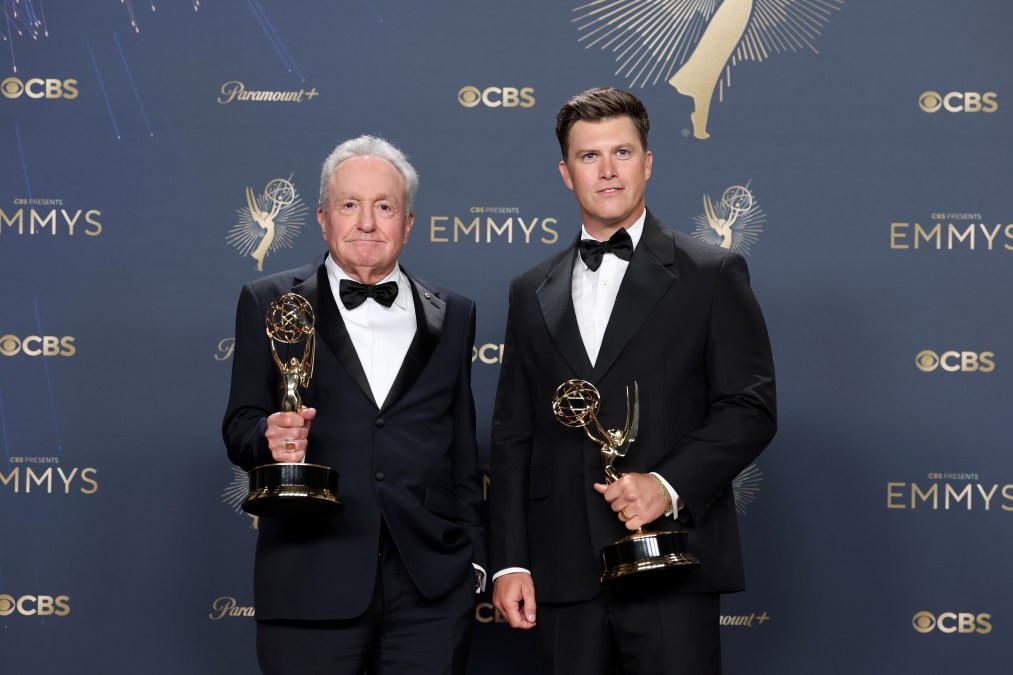 Lorne Michaels and Colin Jost, winners of Outstanding Variety Special for "SNL50: The Anniversary Special," pose in the press room during the 77th Primetime Emmy Awards.
