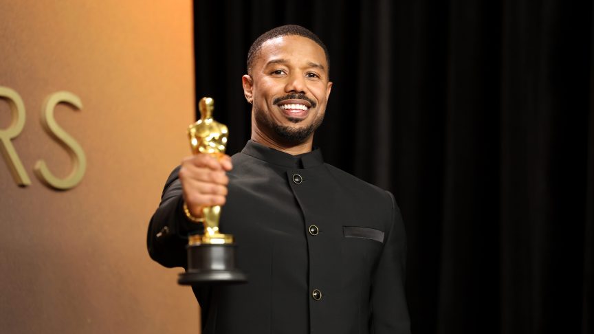 Michael B. Jordan with his Best Actor Oscar for "Sinners."