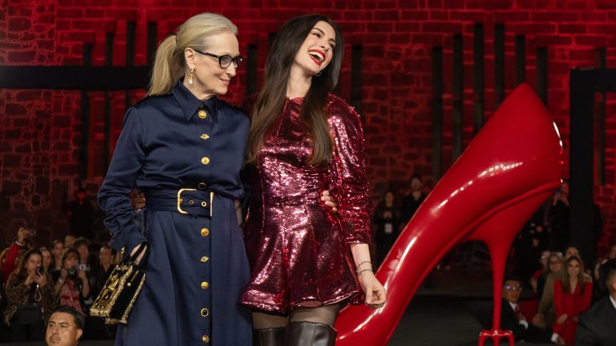 Anne Hathaway (R) and Meryl Streep attend the red carpet for the movie 'The Devil Wears Prada 2 at Anahuacalli Museum on March 30, 2026 in Mexico City, Mexico.