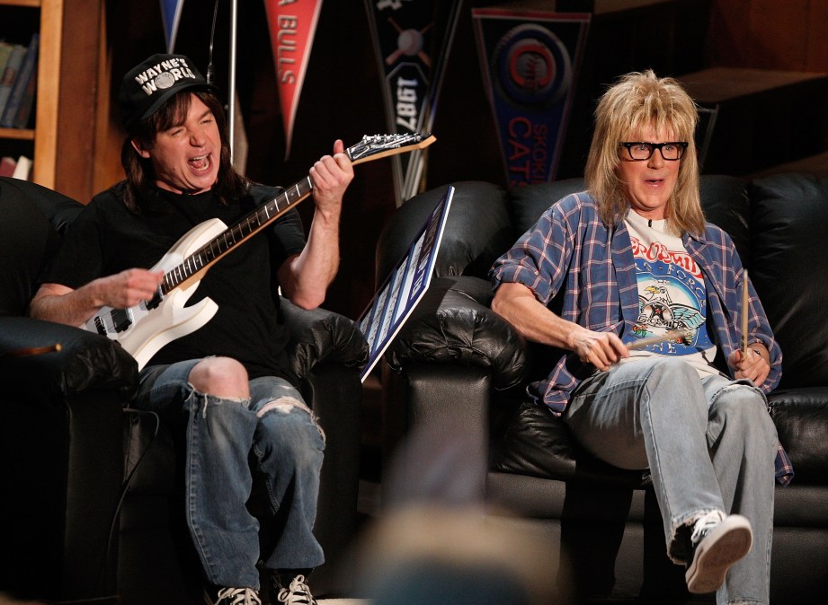Actors Mike Myers (L) and Dana Carvey as Wayne and Garth from "Wayne's World" onstage during the 17th annual MTV Movie Awards.