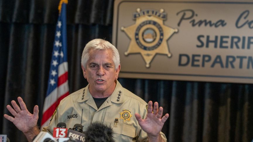 Pima County Sheriff, Chris Nanos, speaks to the media on February 3, 2026 in Tucson, Arizona. He was answering questions about the search for Nancy Guthrie, the missing mother of NBC host Savannah Guthrie