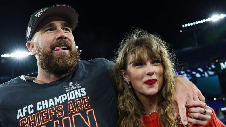 Travis Kelce #87 of the Kansas City Chiefs (L) celebrates with Taylor Swift after defeating the Baltimore Ravens in the AFC Championship Game at M&T Bank Stadium on January 28, 2024 in Baltimore, Maryland