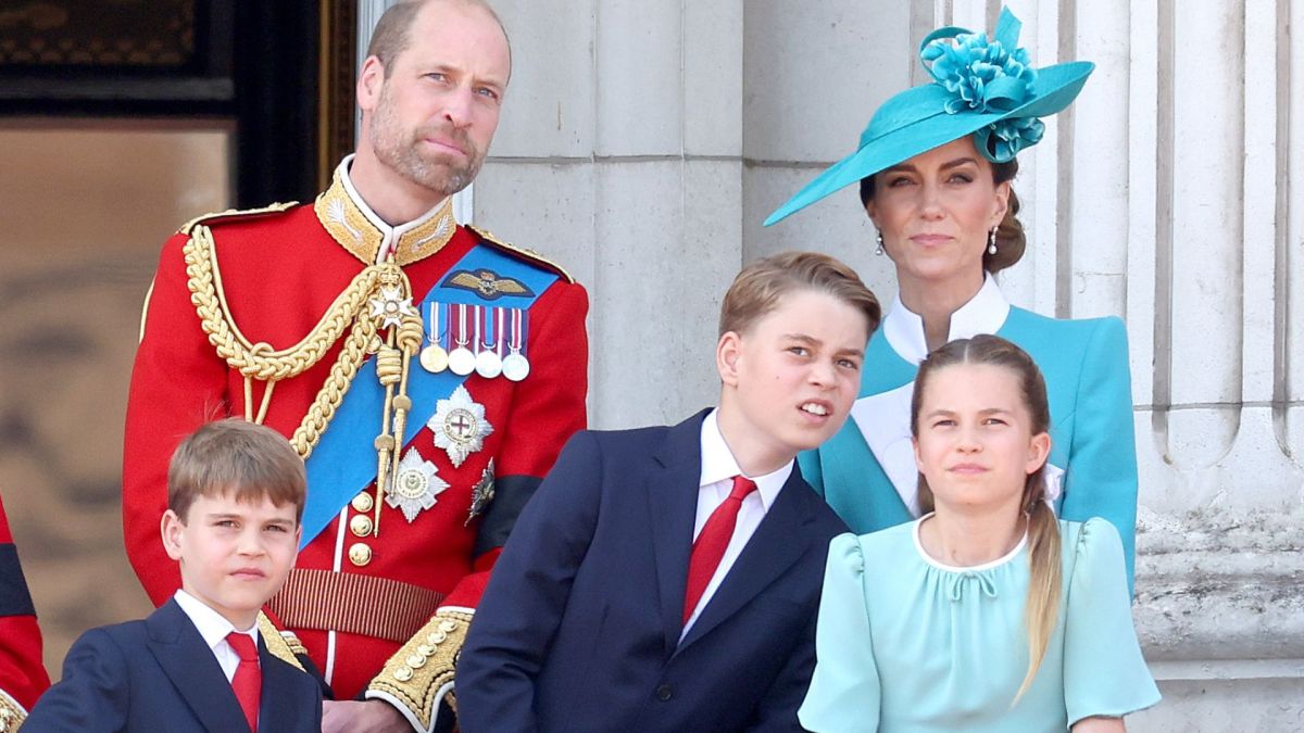 Prince William, Prince of Wales, Prince George of Wales, Princess Charlotte of Wales and Catherine, Princess of Wales on the balcony of Buckingham Palace during Trooping The Colour 2025 on June 14, 2025 in London, England. Trooping The Colour is a ceremonial parade celebrating the official birthday of the British Monarch. The event features over 1,400 soldiers and officers, accompanied by 200 horses. More than 400 musicians from ten different bands and Corps of Drums march and while performing